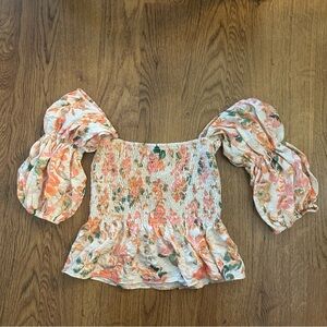 MISA Los Angeles Peach Floral Puff Sleeve Smocked Top blouse small peplum